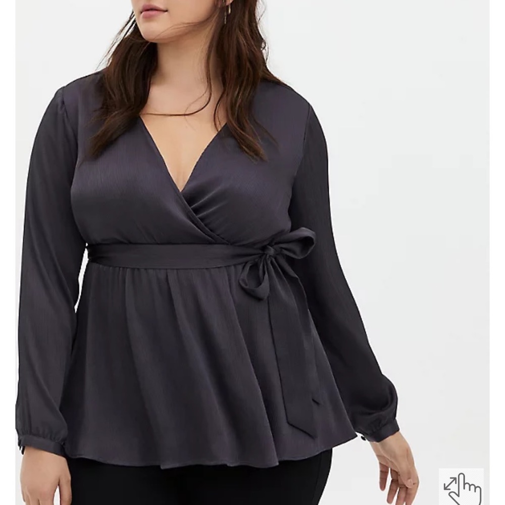 Torrid DARK SLATE GREY CRINKLE GAUZE BABYDOLL WRAP BLOUSE